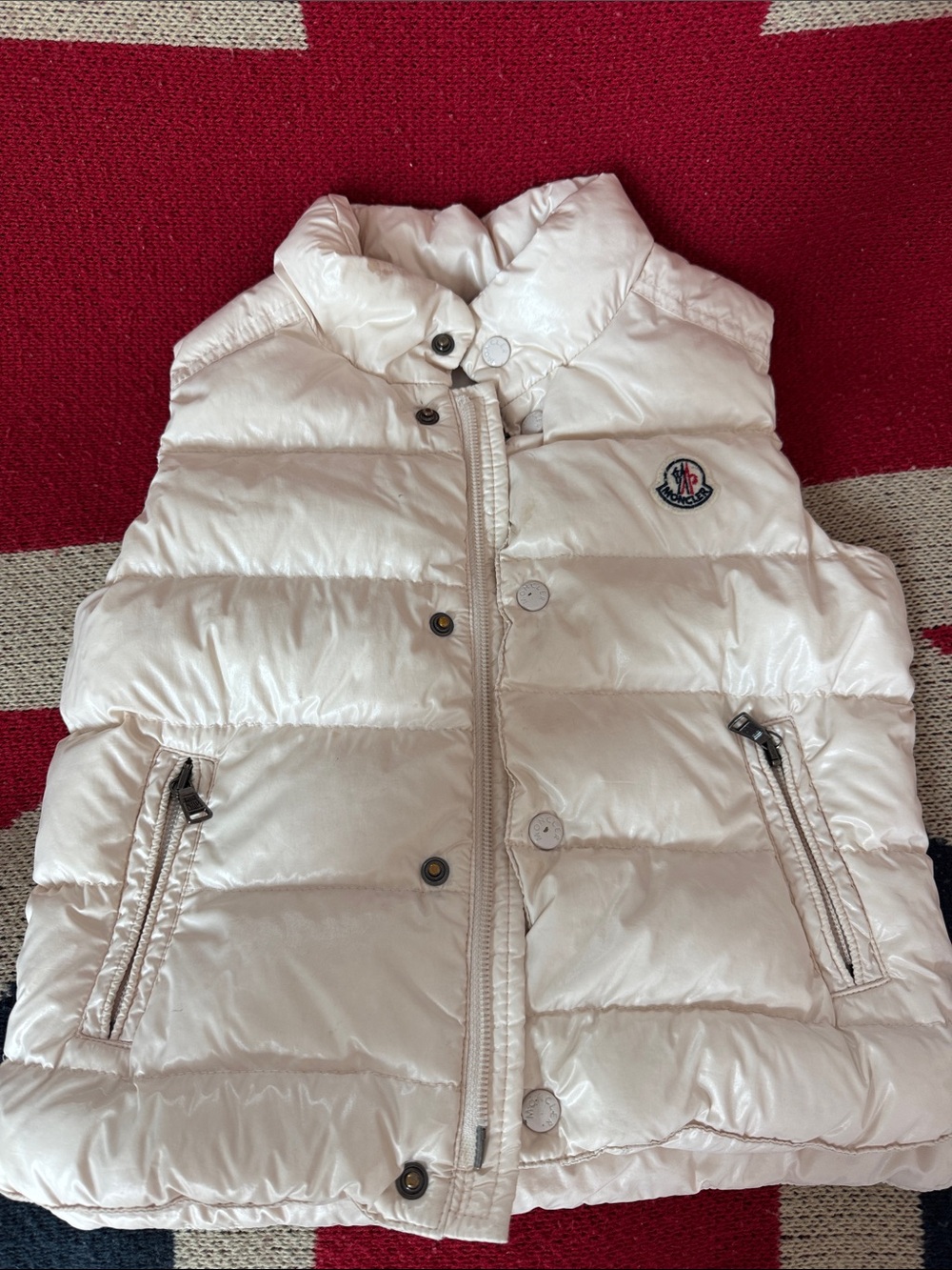 Moncler Cream Quilted Down Vest with Logo Patch